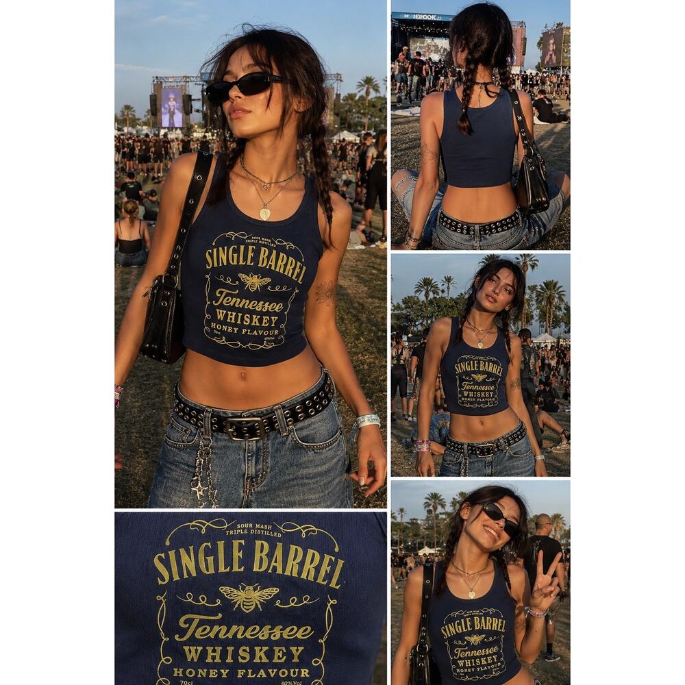 Single Barrel Whiskey Graphic Tank Top S Obsessive Love Crop Rib Tee Navy Blue